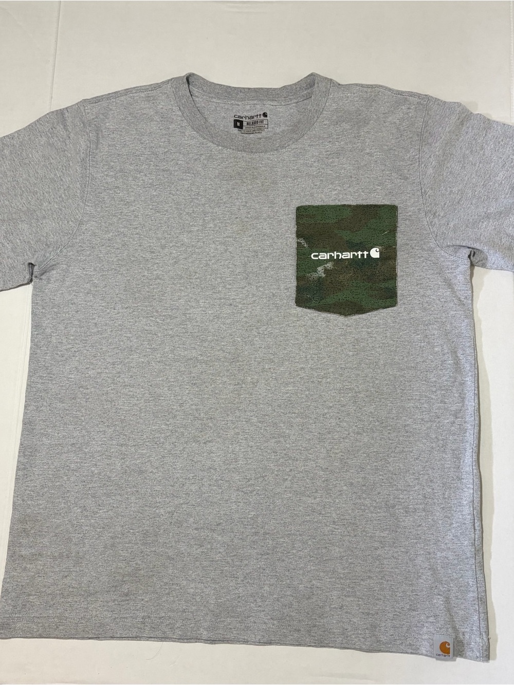 Carhartt Gray Short-Sleeve Tee with Green Camo Pocket